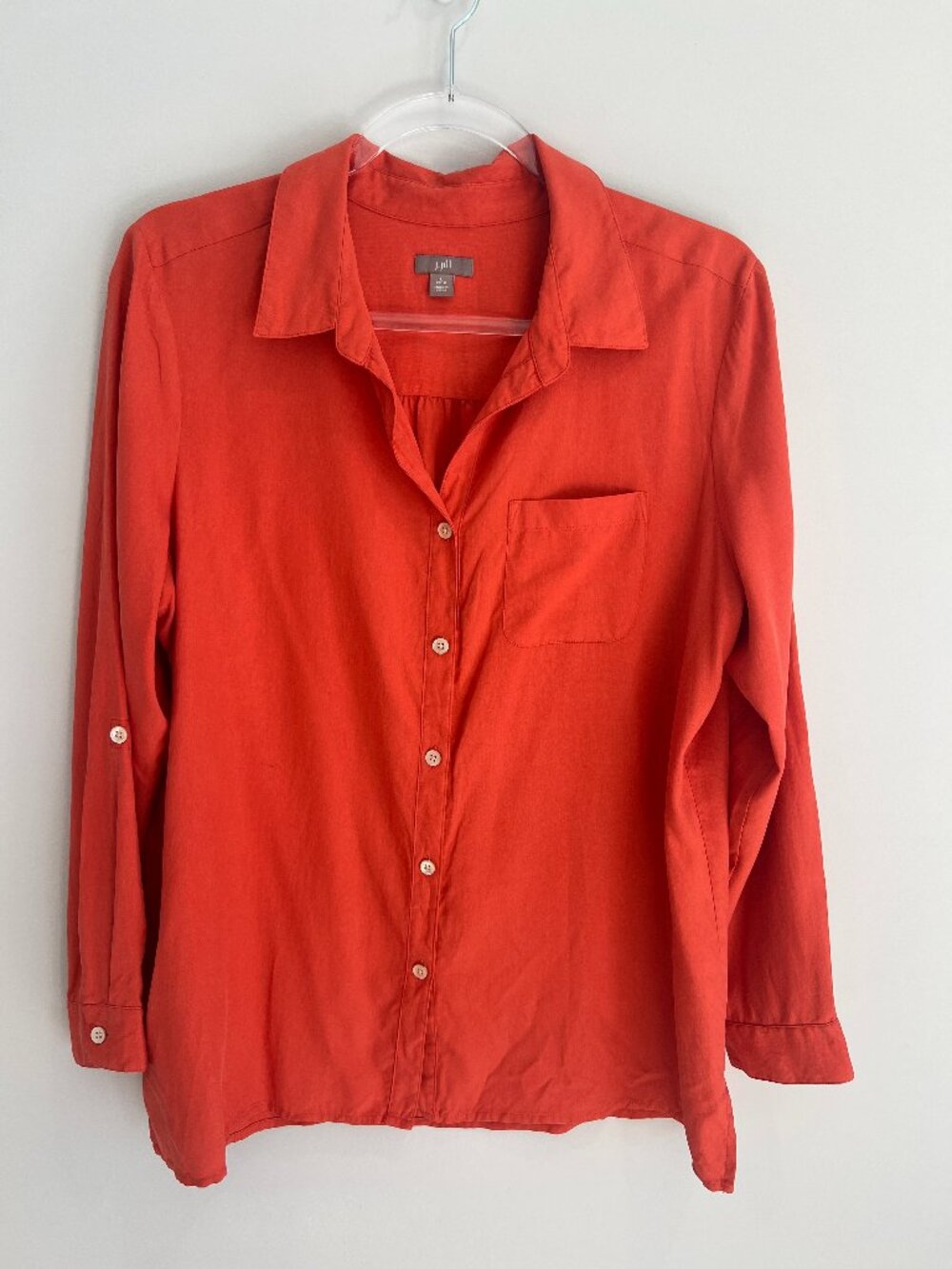 J.Jill Washable Silk Button Down Blouse Roll Tab Orange Petite Large PL